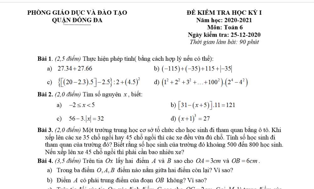 Toán 6-Đề kiểm tra cuối kì 1 Phòng GD&ĐT huyện Đống Đa năm học 2020-2021
